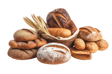 Obraz premium Assortment of baked bread. Loaves rolls and buns in a basket isolated on transparent background. PNG. Generative AI