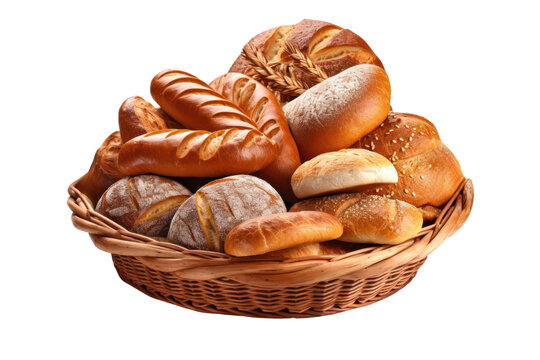 Bread loaves in a basket isolated on transparent background. Roll and buns assortment. PNG. Generative AI