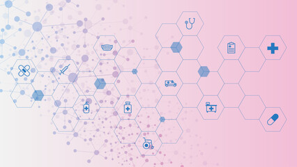 Healthcare and medical innovation background with molecular structure and icons.