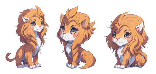Lion set with different poses and emotions. Lion behavior, body language and face expressions. simple cute style, isolated vector illustration