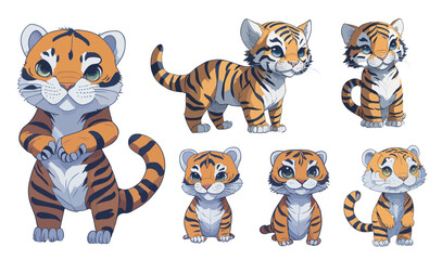 Fototapeta na wymiar Tiger monkeys set with different poses and emotions. Tiger behavior, body language and face expressions. simple cute style, isolated vector illustration.