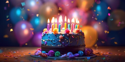 Happy birthday cake with candles, balloons and confetti background. Generative AI