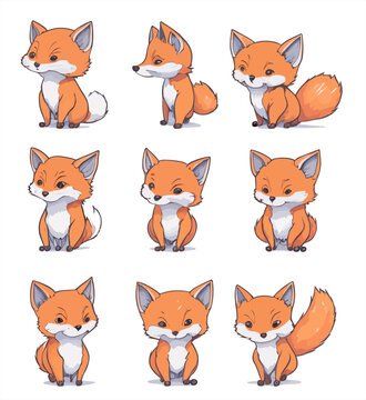 Fox set with different poses and emotions. Fox behavior, body language and face expressions. simple cute style, isolated vector illustration