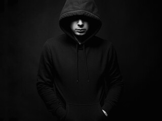 Fototapeta na wymiar Person in Hood. Black and white portrait