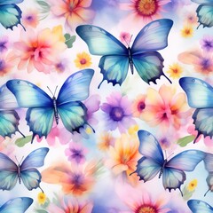 Obraz na płótnie Canvas A lot of fantacy butterflies with spring flowers background. Beautiful Whimsical Butterflies watercolor Style. Colorful flowers and butterflies on a spring flowers background, Generative AI