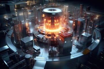 Theme of nuclear fusion. Large experimental setup in a laboratory with plasma being generated at high temperatures. Generative AI