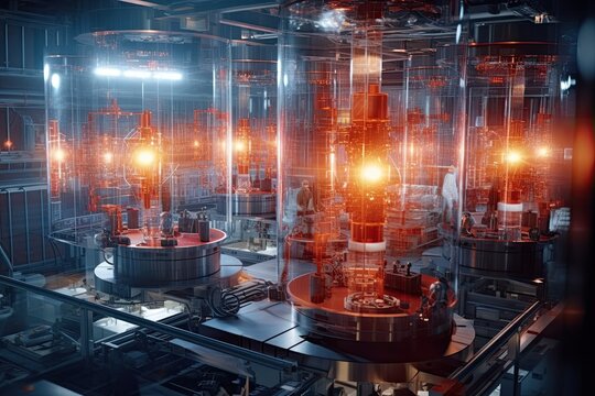 Theme of nuclear fusion. Large experimental setup in a laboratory with plasma being generated at high temperatures. Generative AI