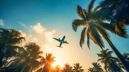 Foto op Canvas Airplane flying above palm trees in clear sunset sky with sun rays. Concept of traveling, vacation and travel by air transport. Beautiful sky background. Generative ai © KRISTINA KUPTSEVICH