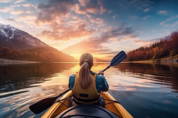 Back view of happy cute girl holding paddle in a kayak in the lake