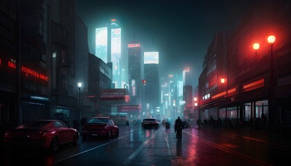 ネオンが輝く夜のサイバーシティの風景、サイバーパンク