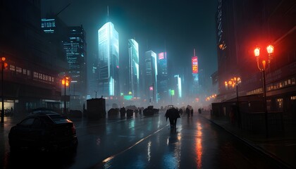 Obraz premium ネオンが輝く夜のサイバーシティの風景、サイバーパンク