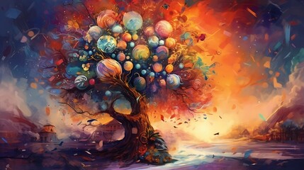 Surreal tree painting. Generative AI