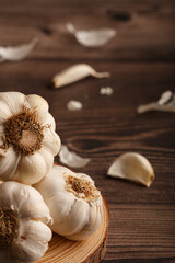 Head of garlic with cloves on a pine round wood slice. Rustic Table.  Copy space. Close up