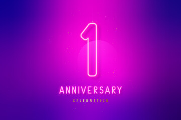 Neon glowing Number 1. First Year Anniversary Celebration pink neon sign. Design template for invitation or greeting card.
