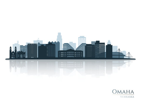 Omaha skyline silhouette with reflection. Landscape Omaha, Nebraska. Vector illustration.