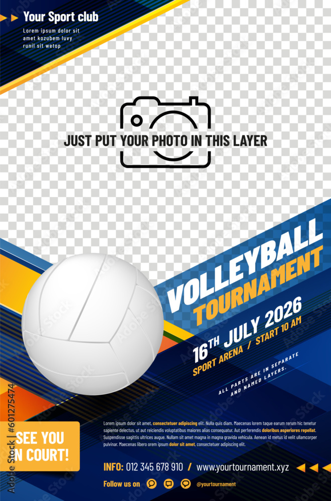 Wall mural Volleyball tournament poster template with ball and place for photo