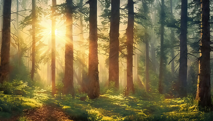 Sun rays shine between trees of coniferous forest at dawn