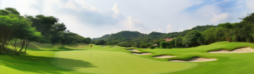 Obraz premium Golf course at sunny day. Generative AI