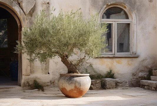 a small olive tree is in a container in front of an ancient building, generative ai