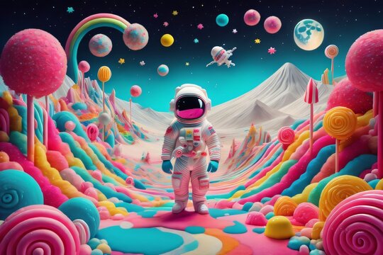 Astronaut or spaceman on colorful candy planet. Best generative ai