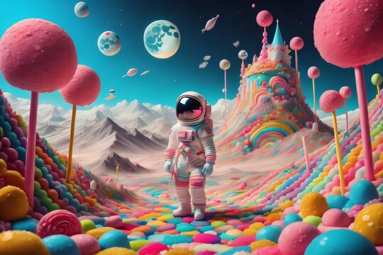 Astronaut or spaceman on colorful candy planet with temple or castle at behind. Cute candy style