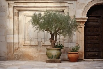 Fototapeta na wymiar a small olive tree is in a container in front of an ancient building, generative ai