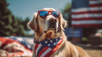 Patriotic Pooch: Golden Retriever Celebrating the Fourth of July Wearing Sunglasses - obrazy, fototapety, plakaty