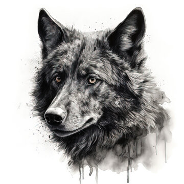 Black and White Drawing of a Black Wolf - AI Generated