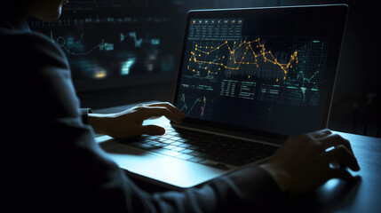 Businessman working on laptop computer with global internet connection investment. Concept of digital marketing, business intelligence, data science. Generative AI