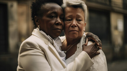 Old women lesbian couple. marrage Black and Caucasian female bride in love. LGBT pride month celebration generative ai
