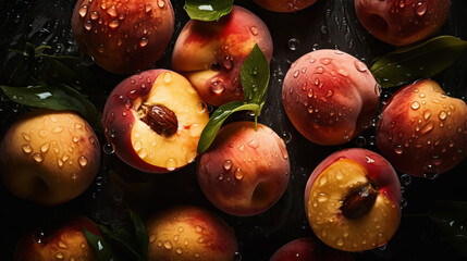 Fototapeta na wymiar Fresh ripe peaches with water drops background. Fruits backdrop. Generative AI