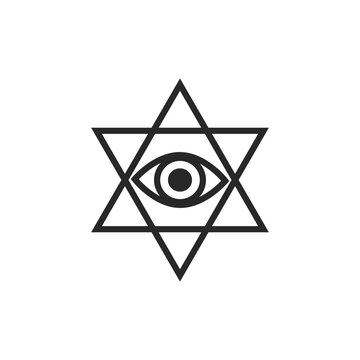 All-seeing eye in pentagram vector graphic line art style, Tattoo design element, Esoteric symbol isolated.