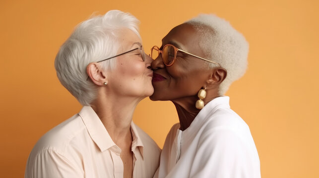 Old women lesbian couple. Black and Caucasian female in love. LGBT pride month celebration generative ai