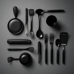 All black iron cooking utensil lay flat created using generative AI