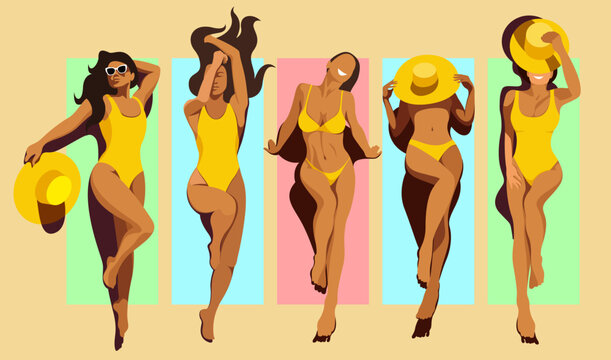 vector illustration five different beautiful young slim tanned girls models in yellow swimsuits sunbathe on the beach on colorful mats or towels. elements isolated. view from above. summer holidays.