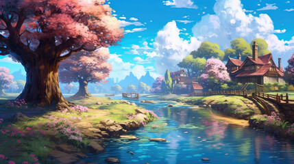 Fototapeta na wymiar detailed fantasy art, magical realism, old school Disney style, Sunny day, blue sky, flowers, river