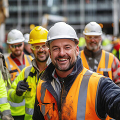 Glücklicher Arbeiter auf einer Baustelle.Generative KI