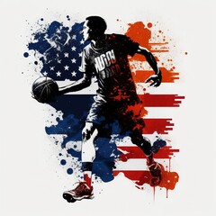 Fototapeta na wymiar Basketball player make a t-shirt design American flag background and white background With Generative AI technology