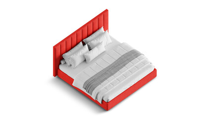 Modern double bed on isolated white background. Furniture for the modern interior, minimalist design. Textile. 