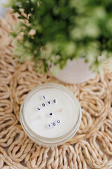 Top view of candle with text I love you