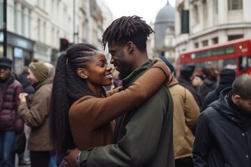 Young couple in love hugging in the street. Generative AI
