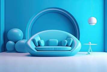 a sofa that is sitting in a blue room, generative ai
