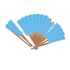 Hand fan vector in blue. Blue hand paper folding fan vector isolated on white background. Torn paper hand fan vector illustration. Cartoon style. Broken traditional hand fan.