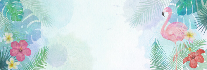  ハイビスカス等のトロピカルな草花の水彩画イラスト背景 © fukufuku