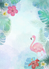  ハイビスカス等のトロピカルな草花の水彩画イラスト背景