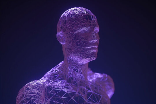 3D classic sculpture Metaverse avatar with network of low-poly glowing purple lines