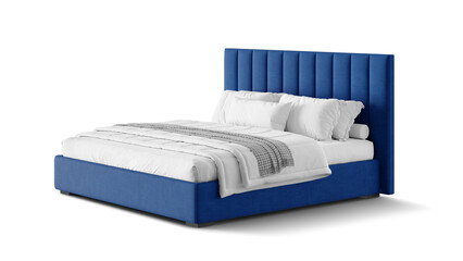 Modern double bed on isolated white background. Furniture for the modern interior, minimalist design. Eco Textile.