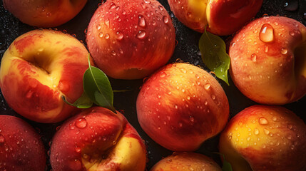 Naklejka na ściany i meble Fresh ripe peaches with water drops background. Fruits backdrop. Generative AI