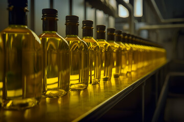 Glass bottles filled with vegetable oil sunflower and olive go along the conveyor at the factory. Generative AI.