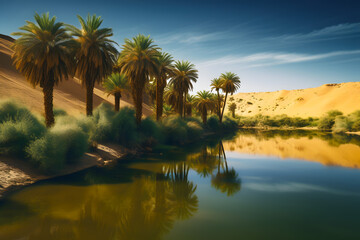Oasis of palm trees and a pond of fresh water in the midst of the Arabian sandy desert, the focus of life in a lifeless environment. Generative AI